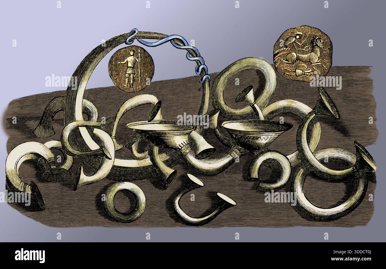 Ancient Celt Torcs and Coins, etchings Stock Photo