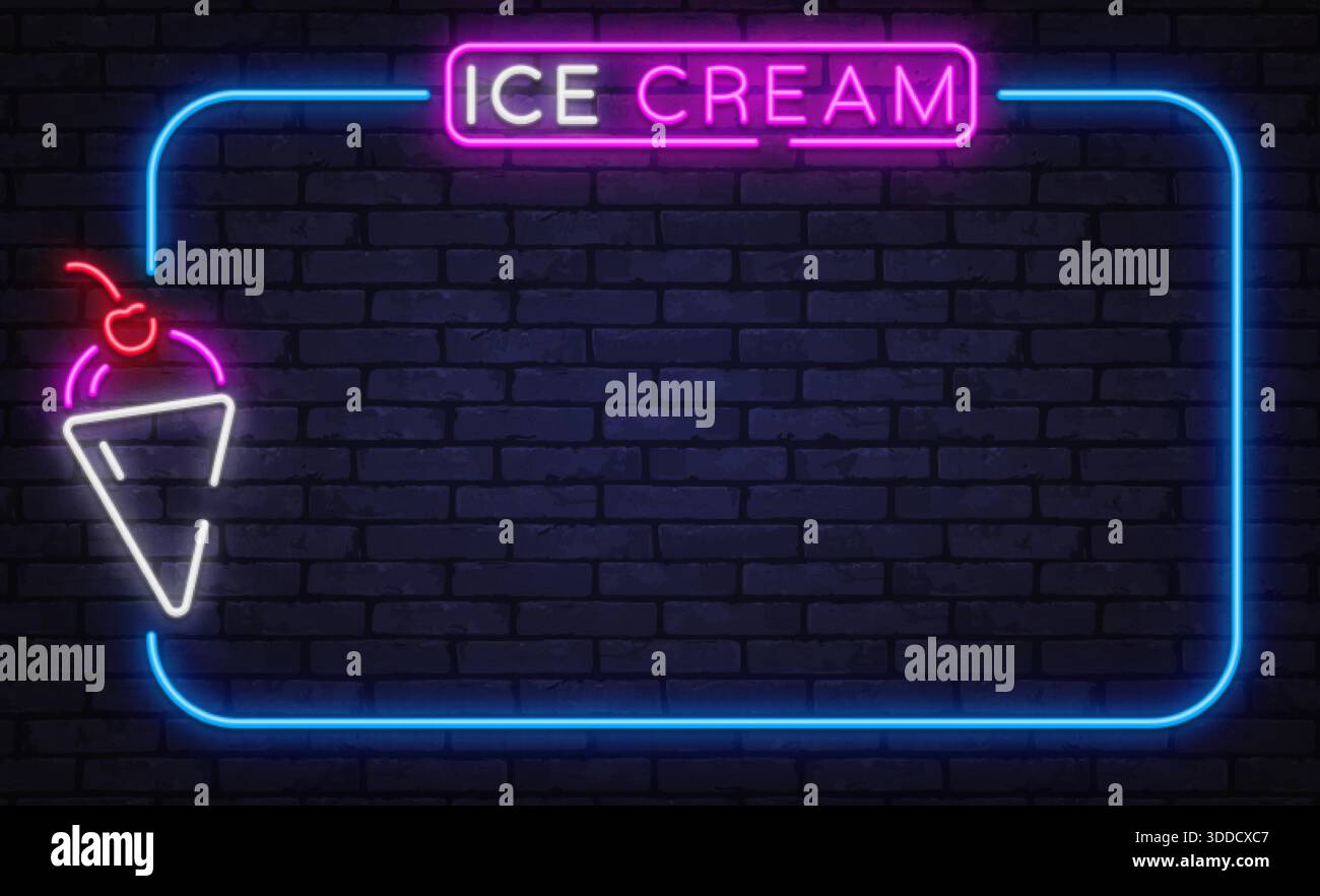 Bright neon vector frame with ice cream cone icon on dark brick background. Perfect for dessert menus, cafe boards, and summer promotions. Stock Vector