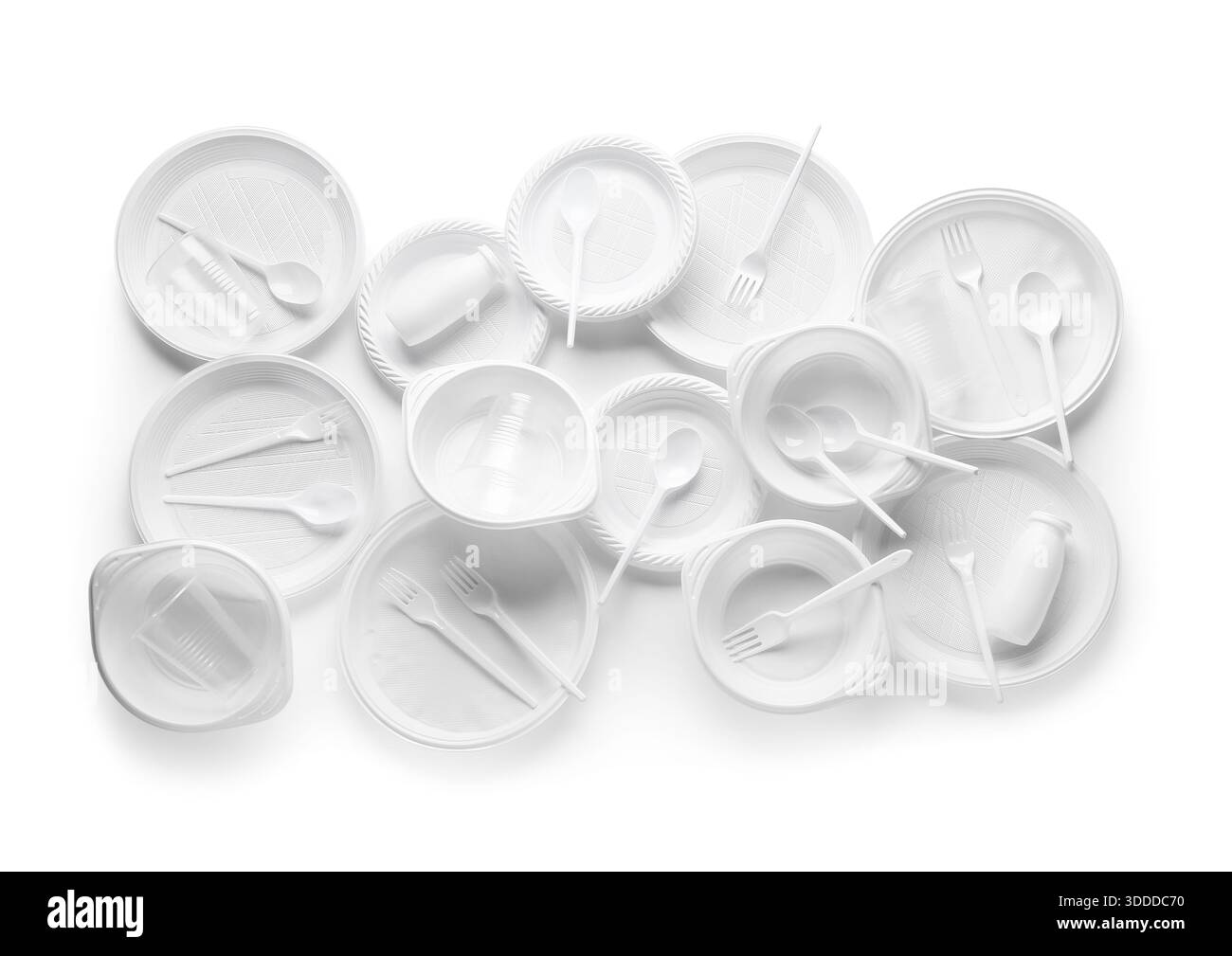 Different plastic tableware on white background Stock Photo