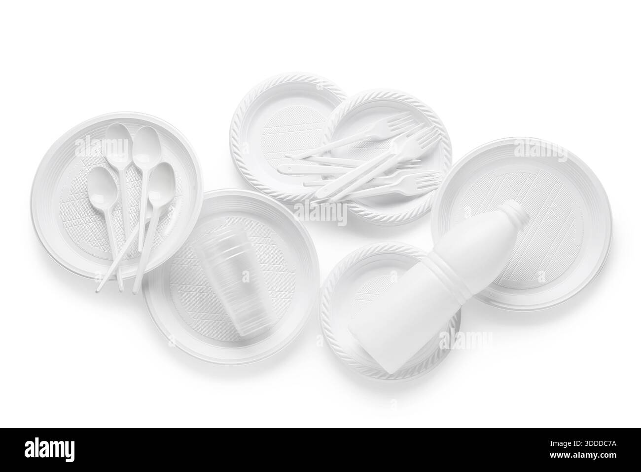 Different plastic tableware on white background Stock Photo