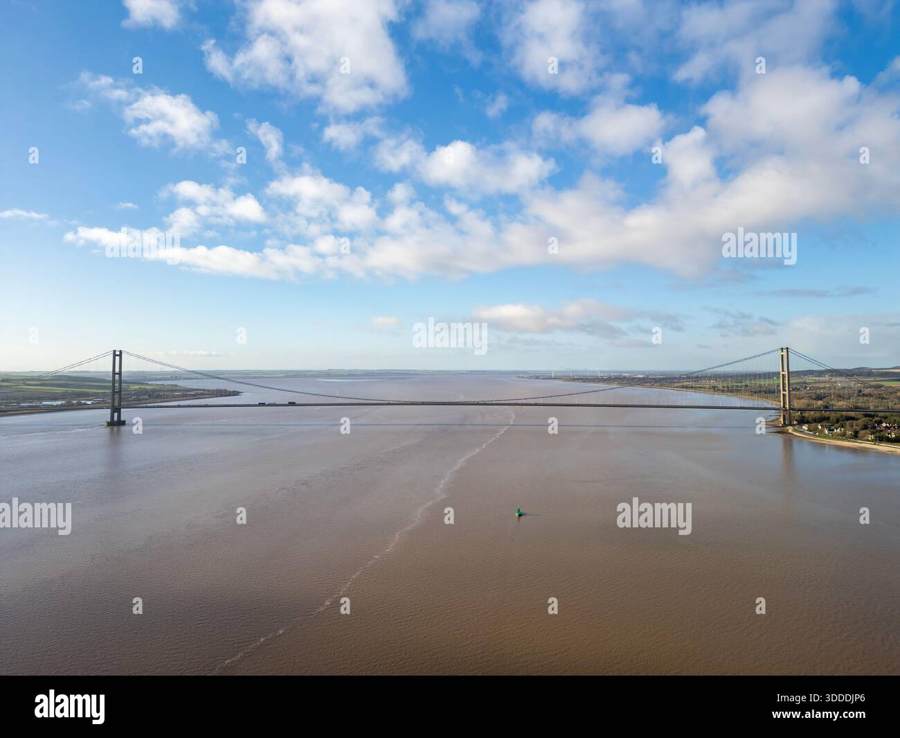 An aerial view of the Humber Bridge, a single-span road suspension bridge near Kingston upon Hull, East Riding of Yorkshire, England - Stock Image