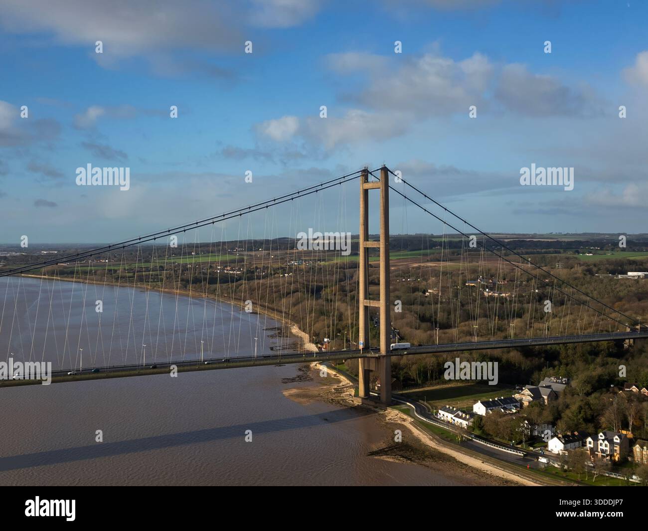 An aerial view of the Humber Bridge, a single-span road suspension bridge near Kingston upon Hull, East Riding of Yorkshire, England - Stock Image