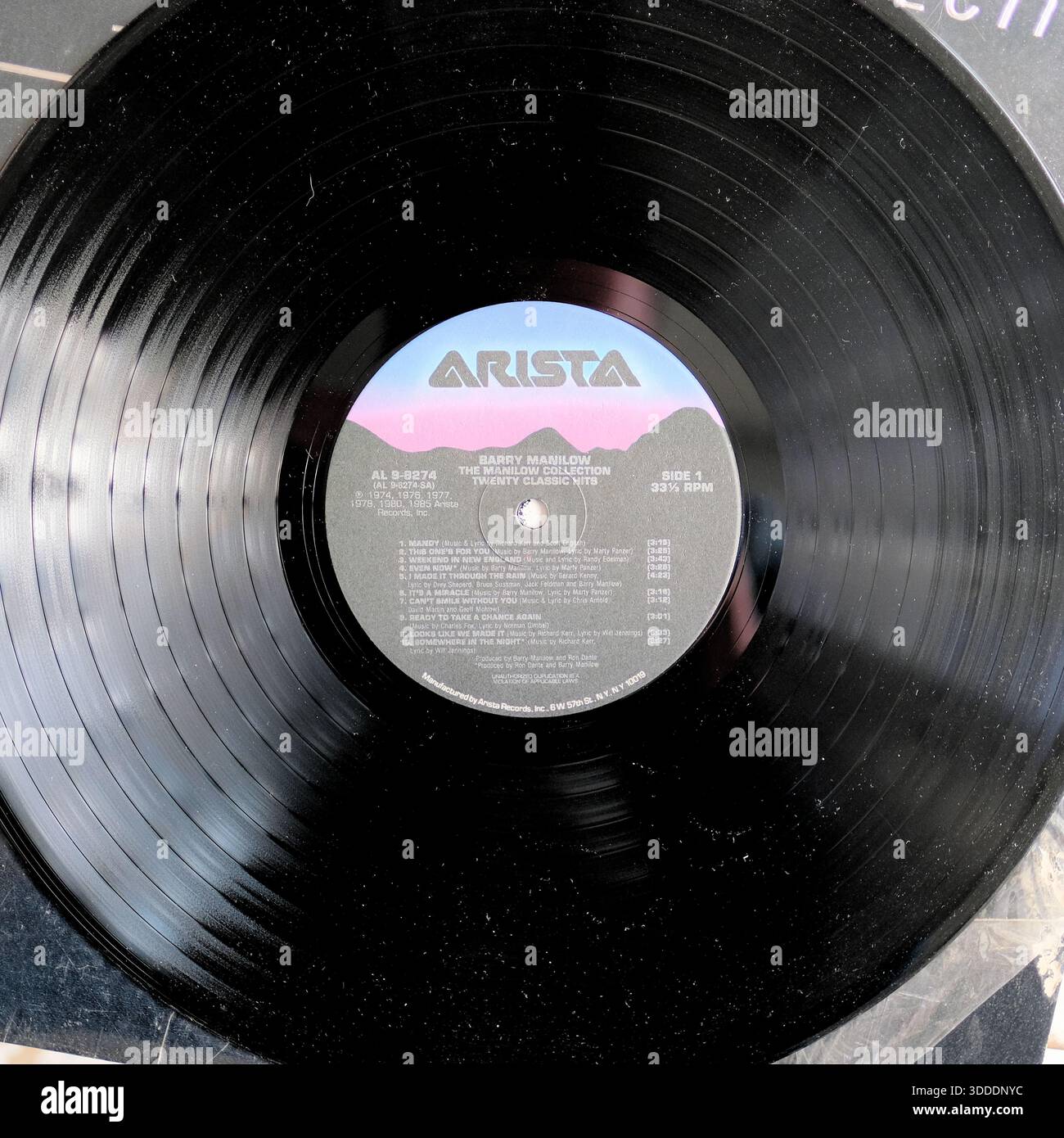 Side 1 of The Manilow Collection / 20 Classic Hits vinyl record; compilation album with Barry Manilow's hit songs released by Arista Records in 1985. Stock Photo