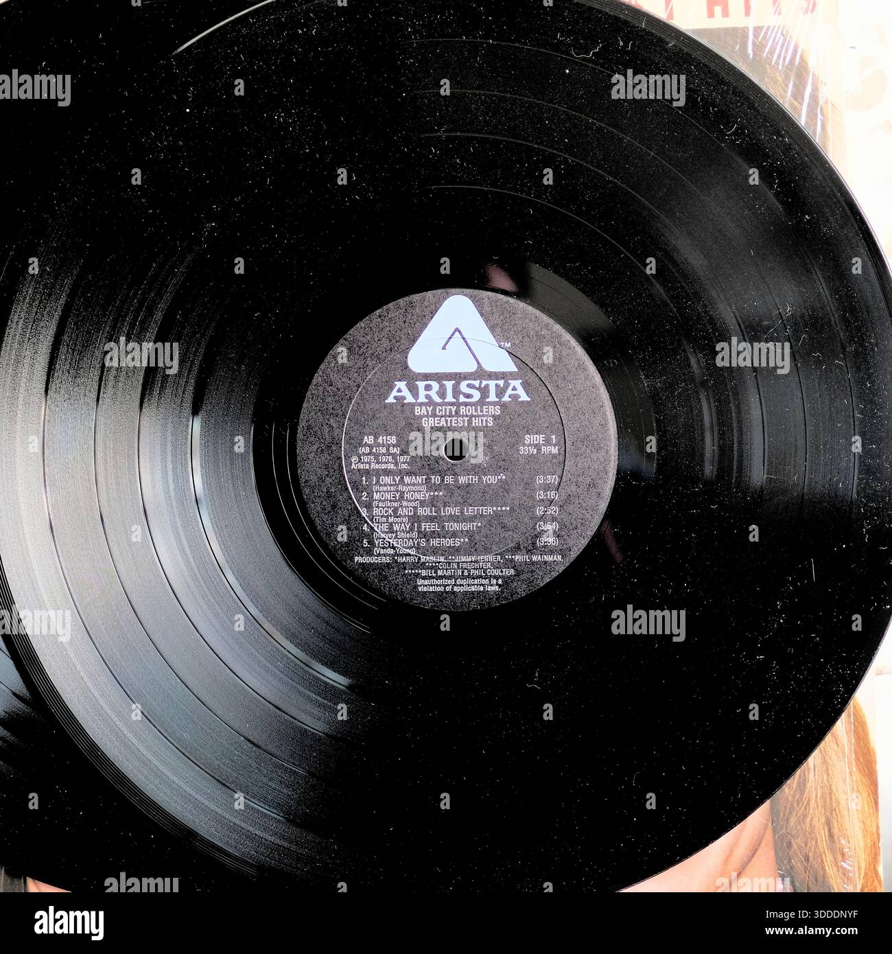 Side 1 of the Bay City Rollers Greatest Hits vinyl record; compilation album released by Arista Records in 1977. Stock Photo