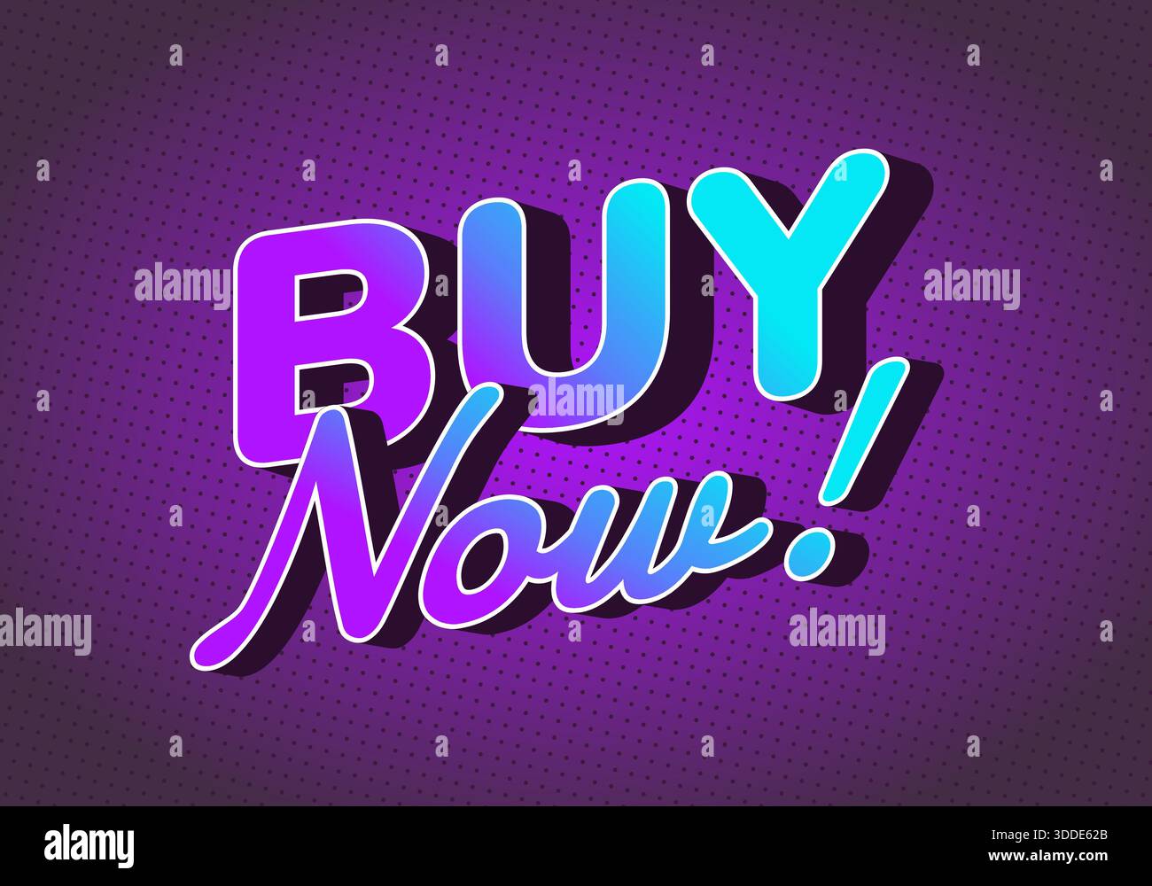 A vibrant graphic featuring the text BUY Now! in bold, colorful typography on a purple background with a dotted pattern. Stock Vector