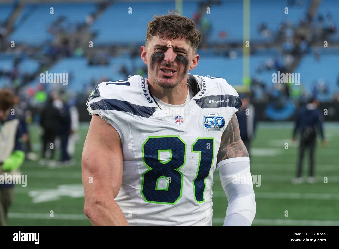 Saubert Seattle Seahawks tight end Eric Saubert (81) leaves the field following ...
