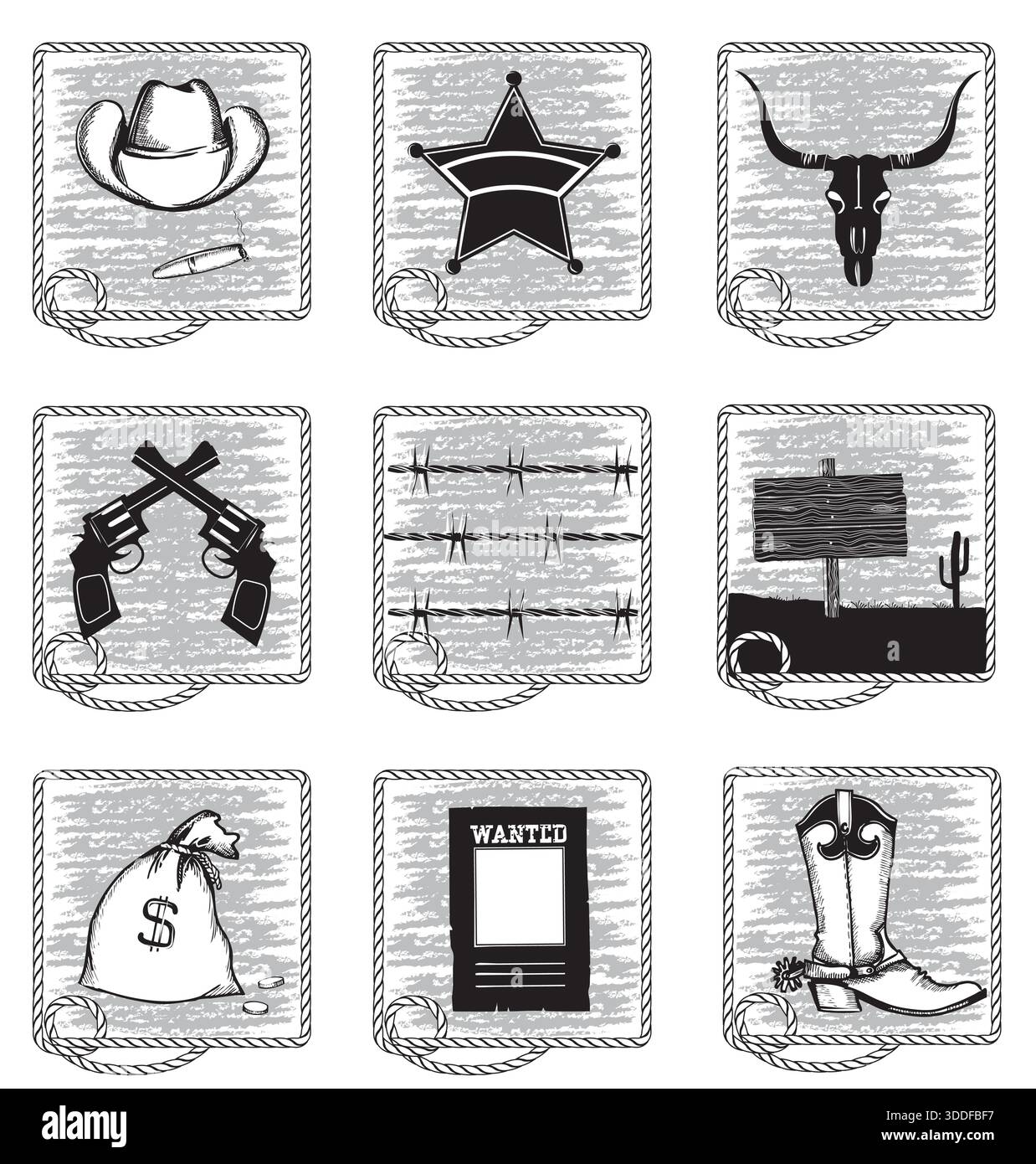 Cowboy labels and western symbols isolated on white background. Vector ...