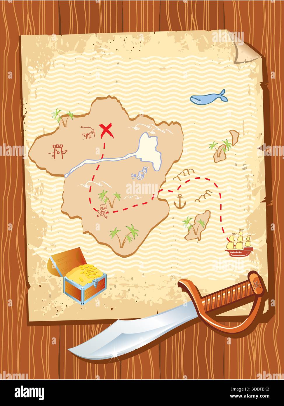 Old parchment with pirate map treasure and dagger- vector illustration ...