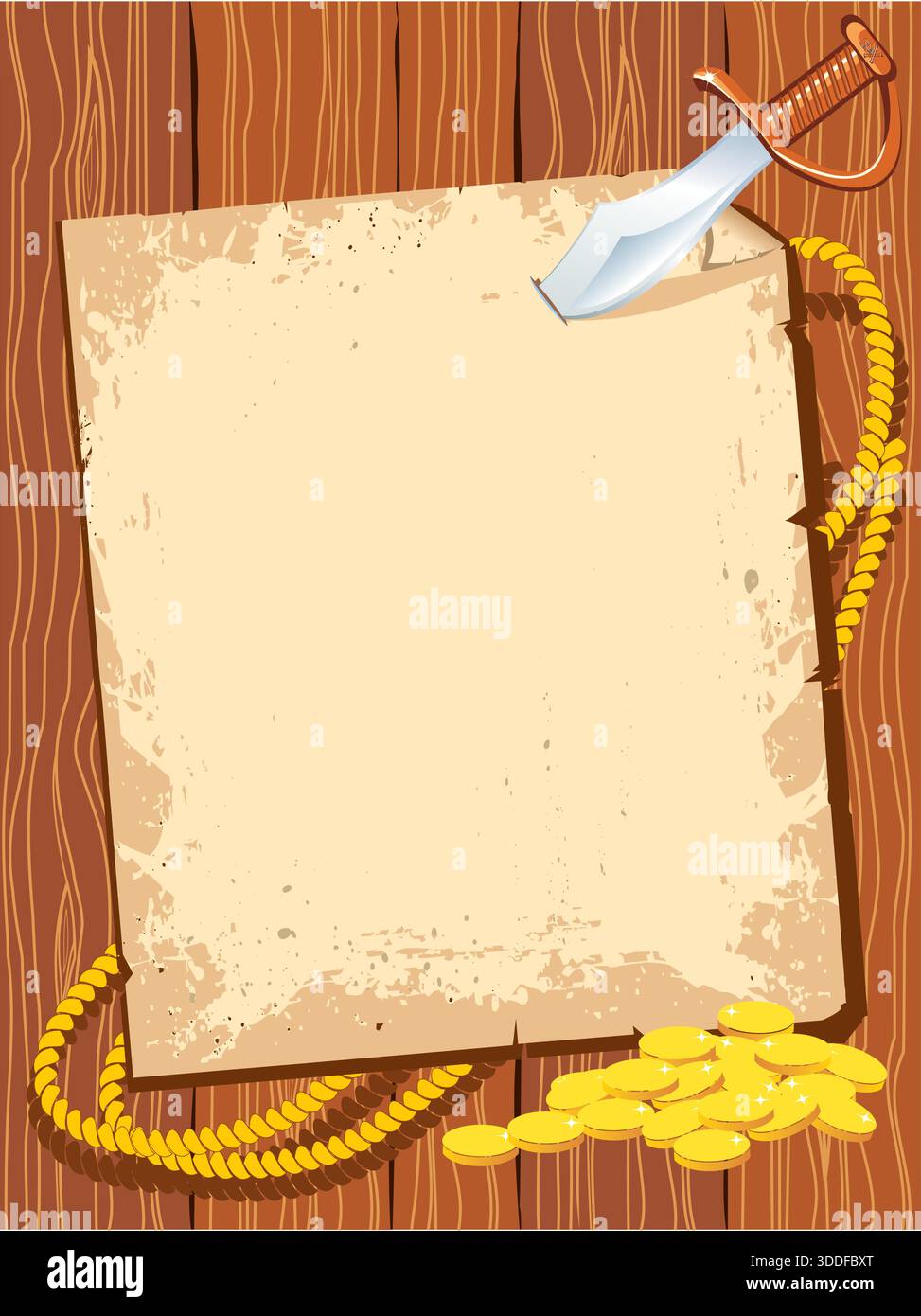 Old parchment with pirate map treasure and dagger- vector illustration ...