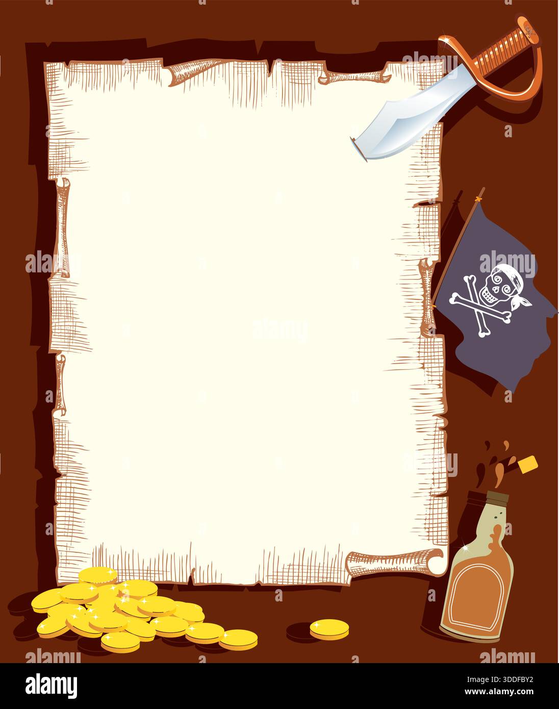 Old parchment with pirate map treasure and dagger- vector illustration ...