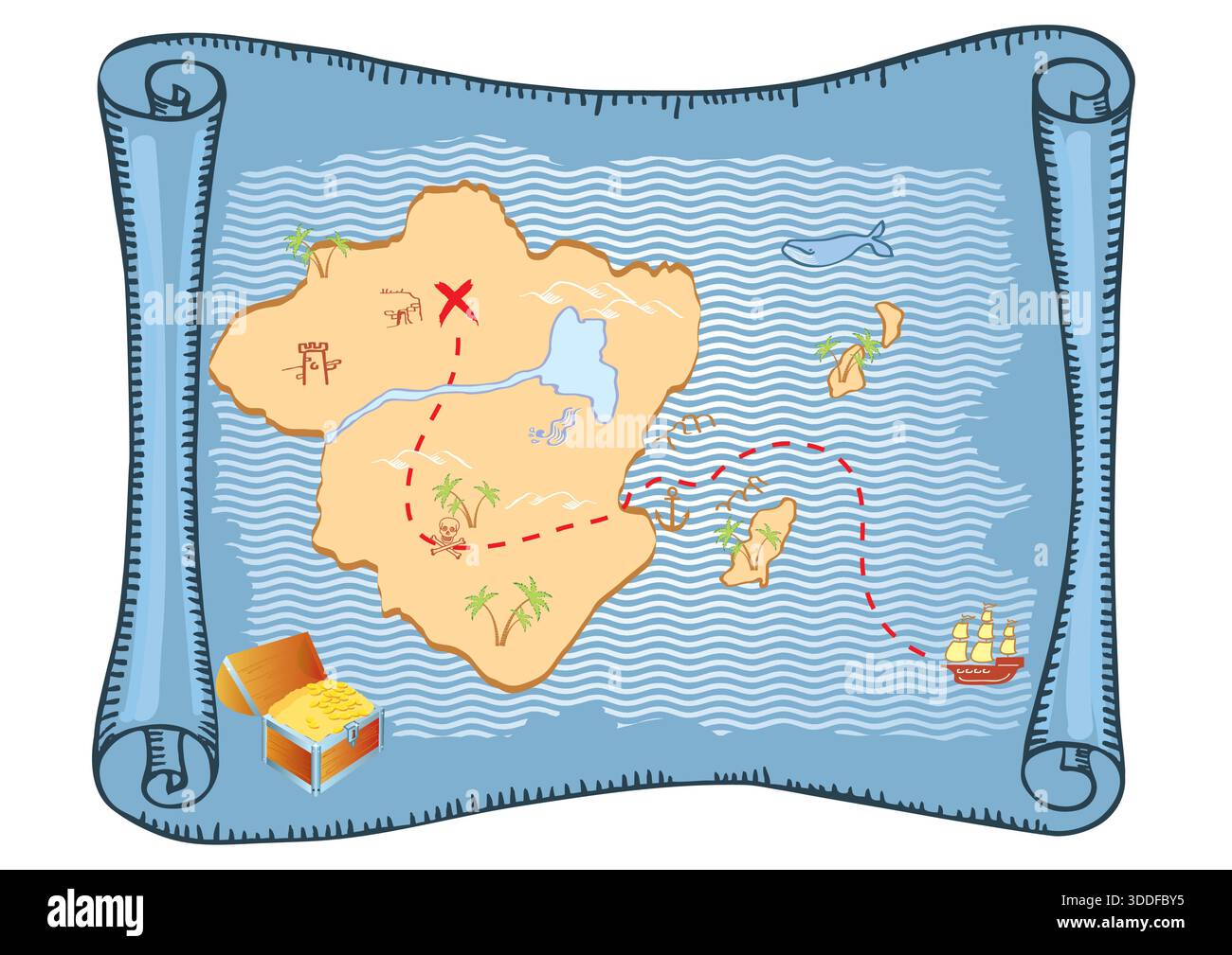 Old parchment with pirate map treasure and dagger- vector illustration ...