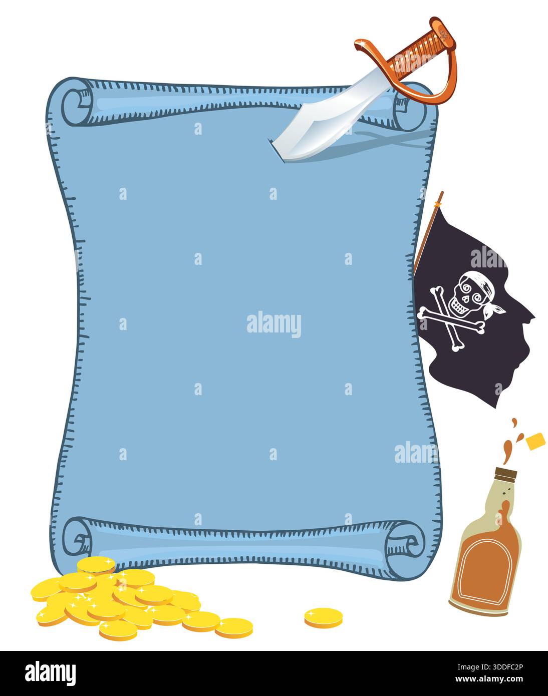Old parchment with pirate map treasure and dagger- vector illustration ...
