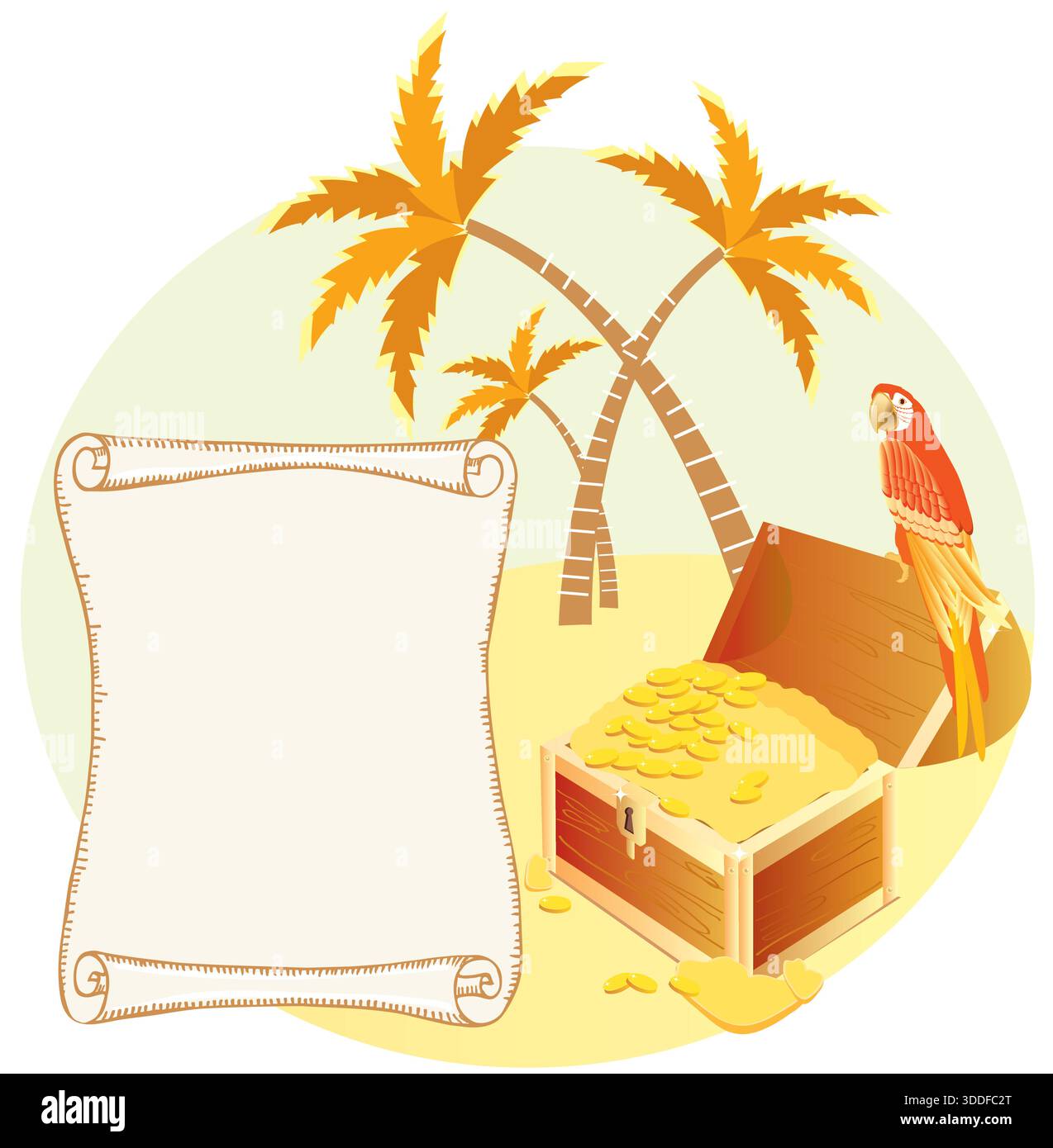 Pirate's treasure with parrot and palms vector symbol illustration with ...