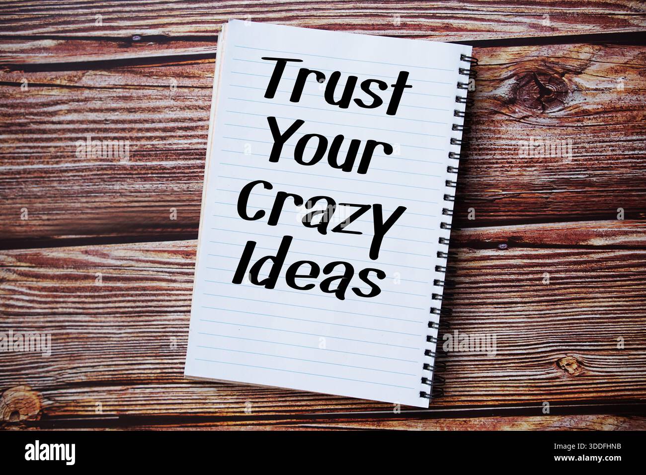 Trust Your Crazy Ideas text written on notepad top view on wooden background Stock Photo