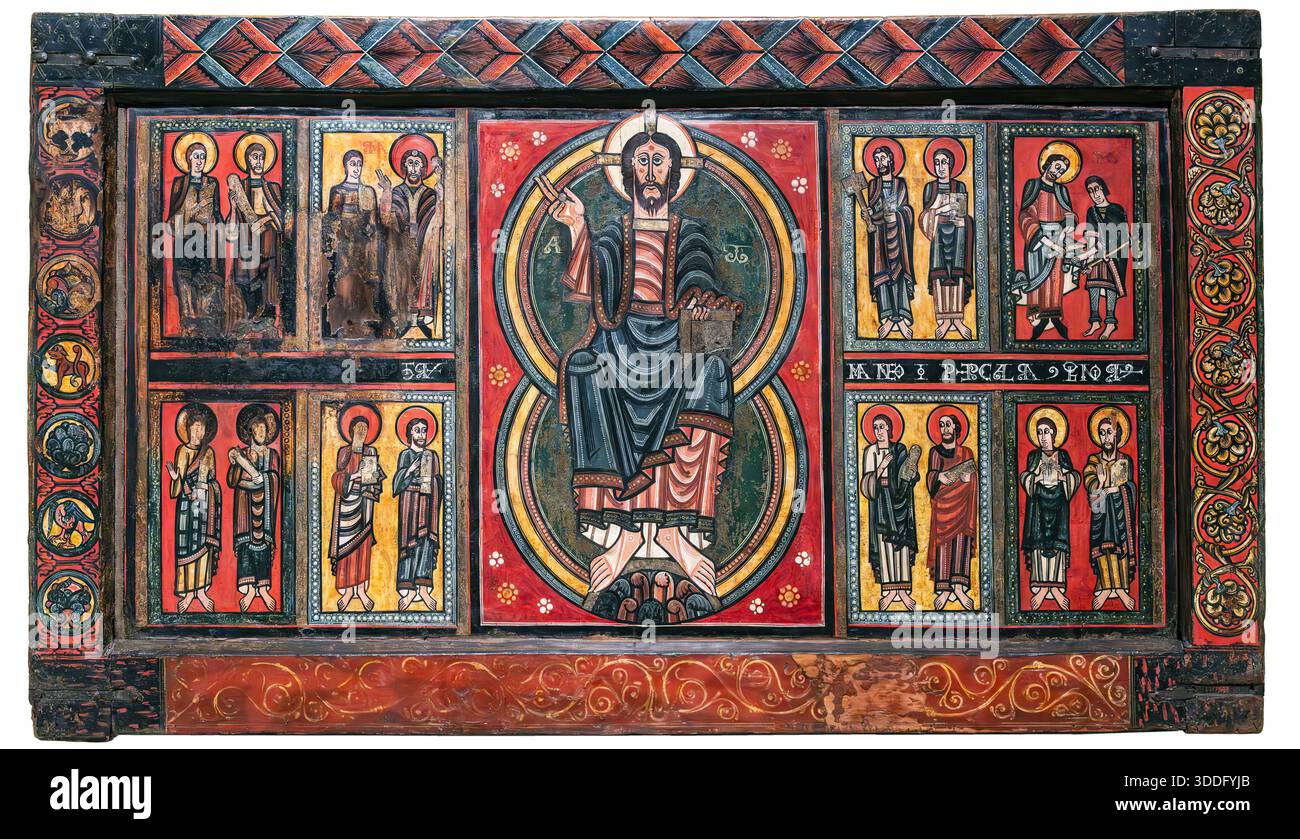 (Barcelona) Frontal d'altar d'Ix - Museu Nacional d'Art de Catalunya - Tempera painting and remains of metal leaf on pine wood -  It comes from the parish church of Sant Martí d'Ix (La Guingueta d'Ix, Alta Cerdanya) Stock Photo