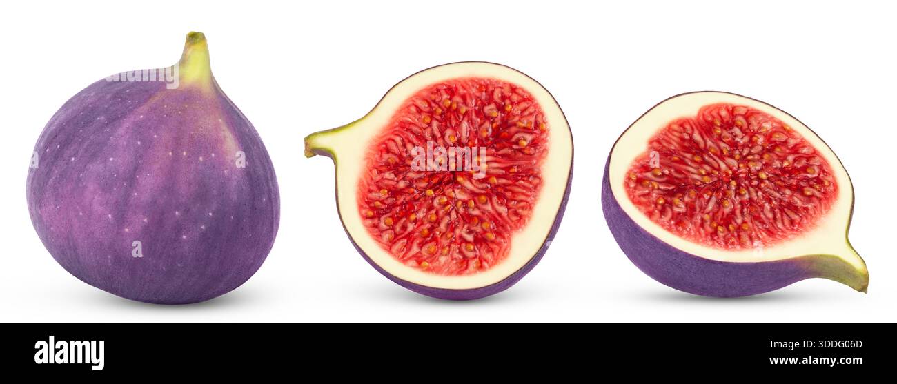 Figs isolated collections. Ripe purple fig, half and slice of fig fruit isolate on white background. Stock Photo