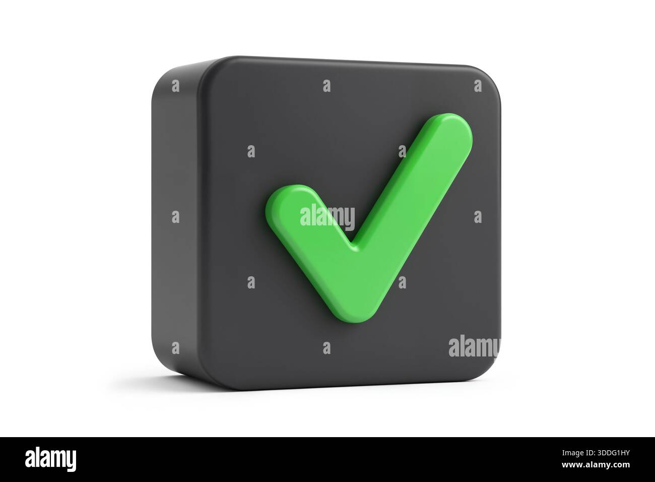 3d rendering of a glossy green check mark inside a frame representing ...