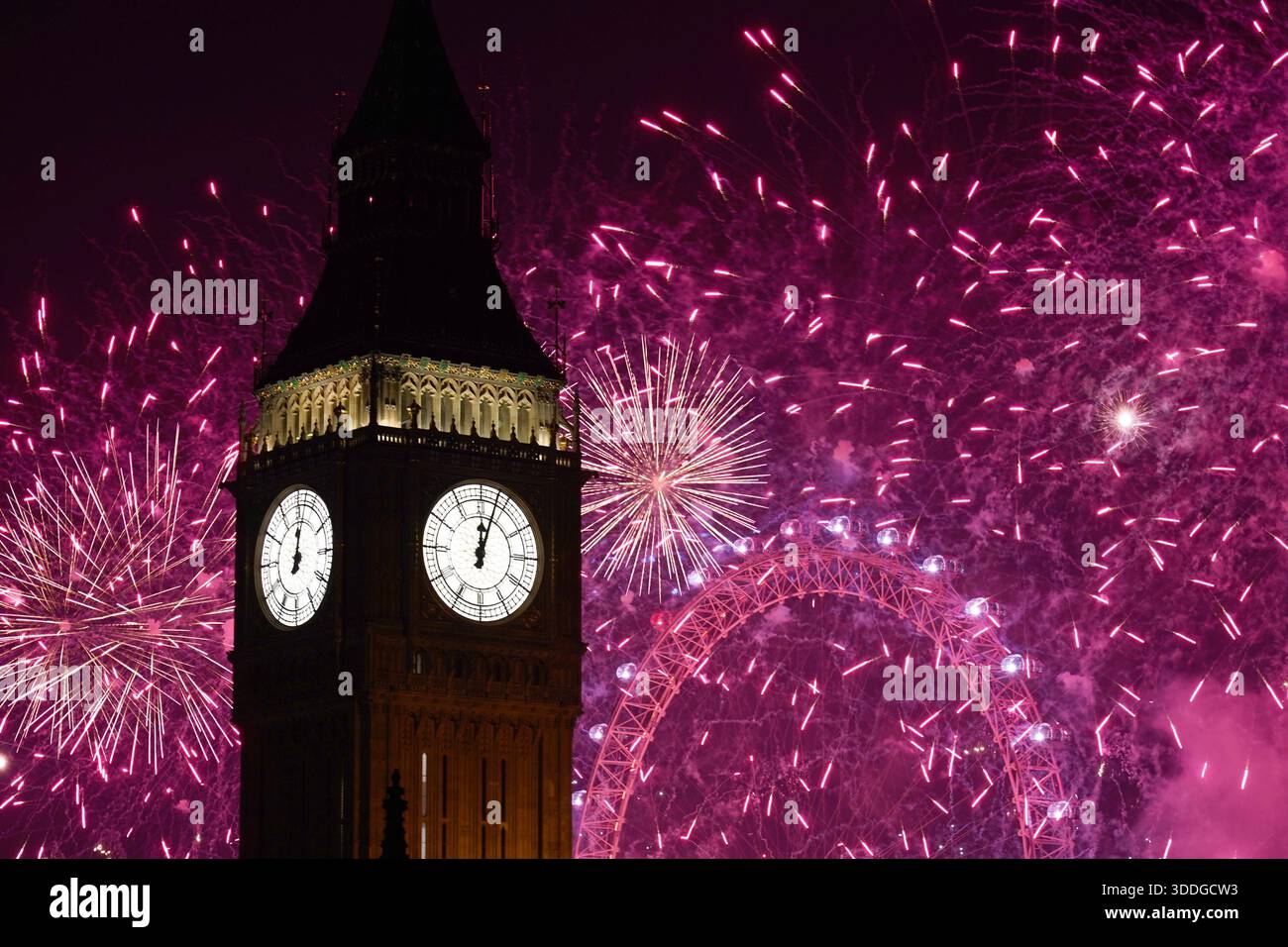 Fireworks light up the sky over Elizabeth Tower and the London Eye in ...