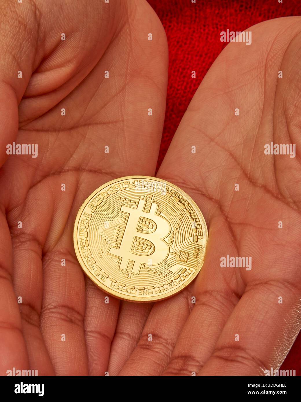 A person is holding a round coin with the Bitcoin logo in their hands. The  setting is casual, and the person appears focused on the coin Stock Photo -  Alamy