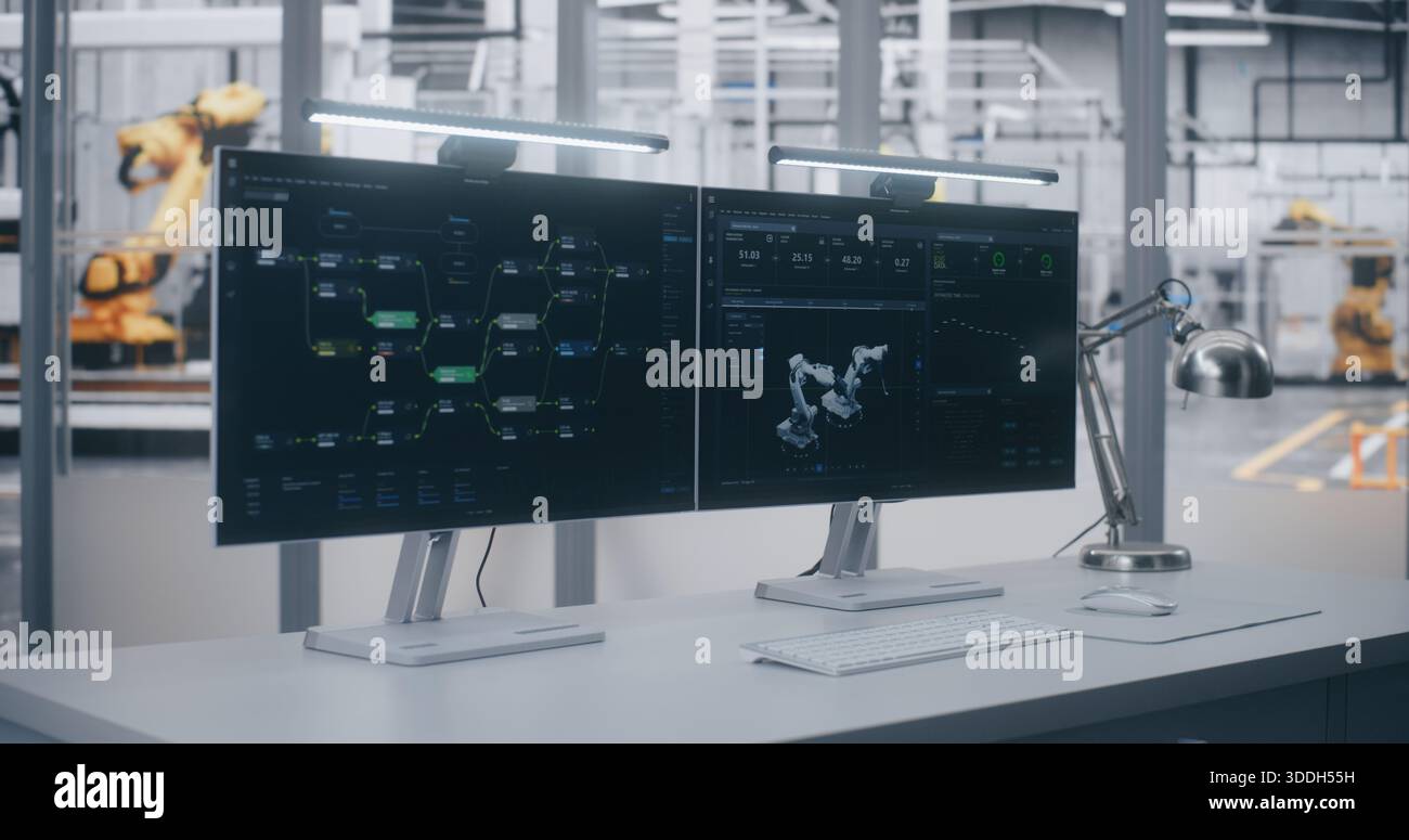 3D Robot Model on Control Panel With Data. Two Screens Display Complex ...