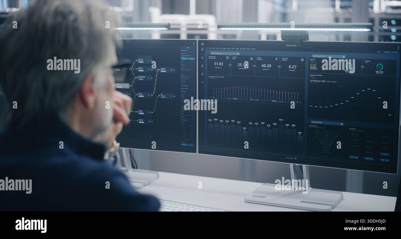 Data Scientist Wearing Glasses, Analyzing Cloud System Performance Graphs and Data Flow on Two Large Monitors in Modern, Controlled Server Environment. Concept of Cloud Engineering and Data Science. Stock Photo