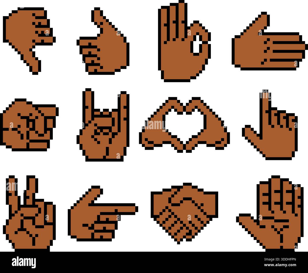 Pixel Hands Set in Brown Skin Tone Stock Vector