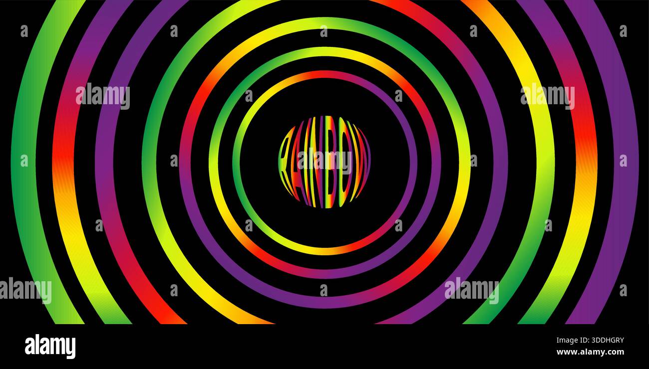 Concentric Rainbow Circles Psychedelic Neon Digital Graphic on Dark Background Stock Vector