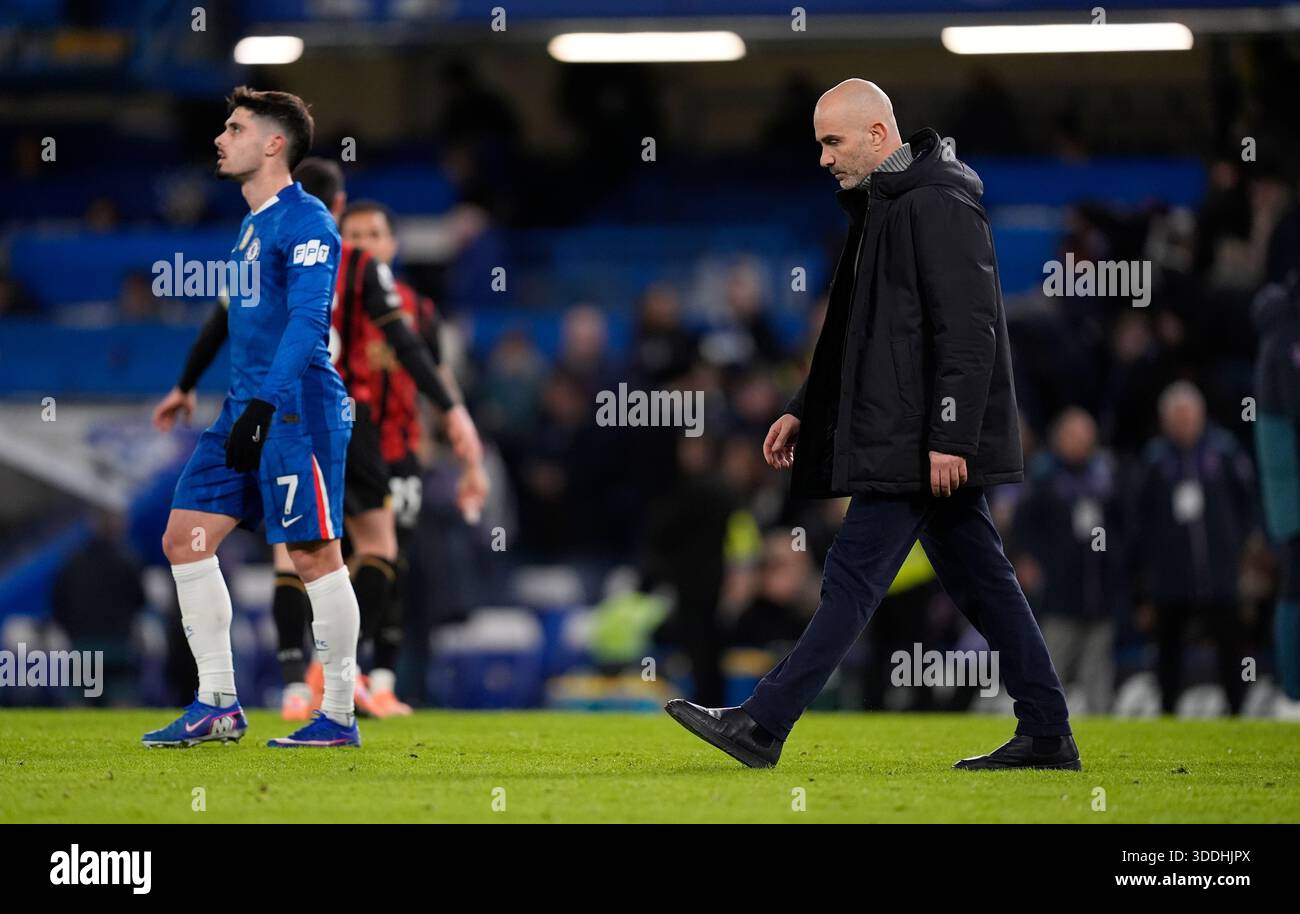 Chelsea manager Enzo Maresca (right) after the Premier League match at ...