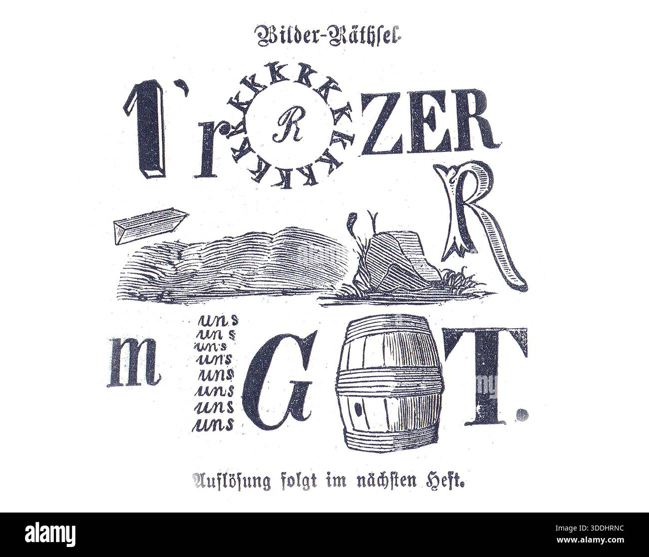 Vintage German word puzzle illustration with decorative typography, barrel, landscape, and scattered letters Stock Photo