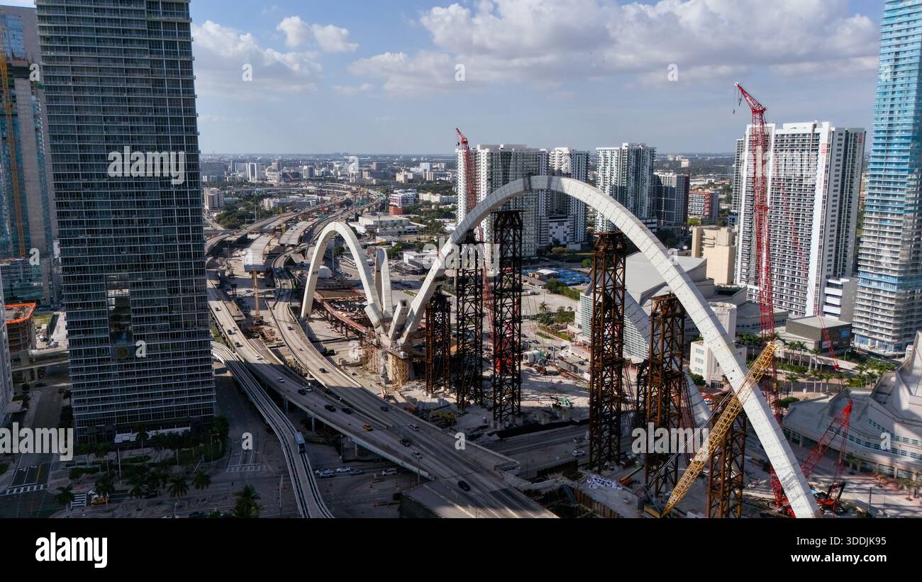 Aerial view of modern bridge construction and high rise buildings in ...