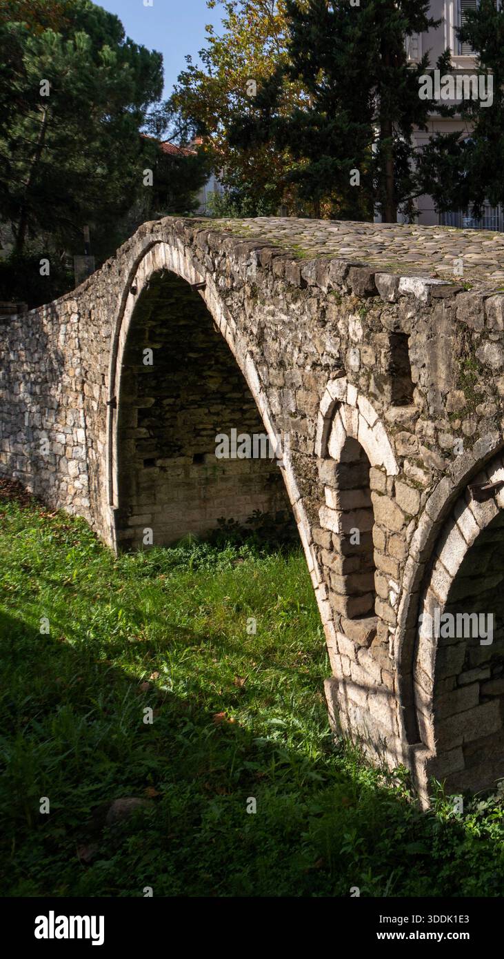 A 9:16 Portrait image of the 18th century Tanners Bridge in Tirana, Albania - Stock Image
