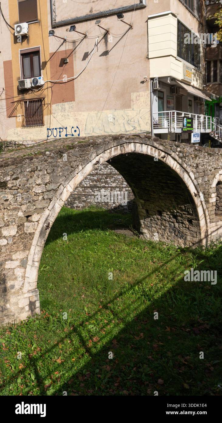 A 9:16 Portrait image of the 18th century Tanners Bridge in Tirana, Albania - Stock Image