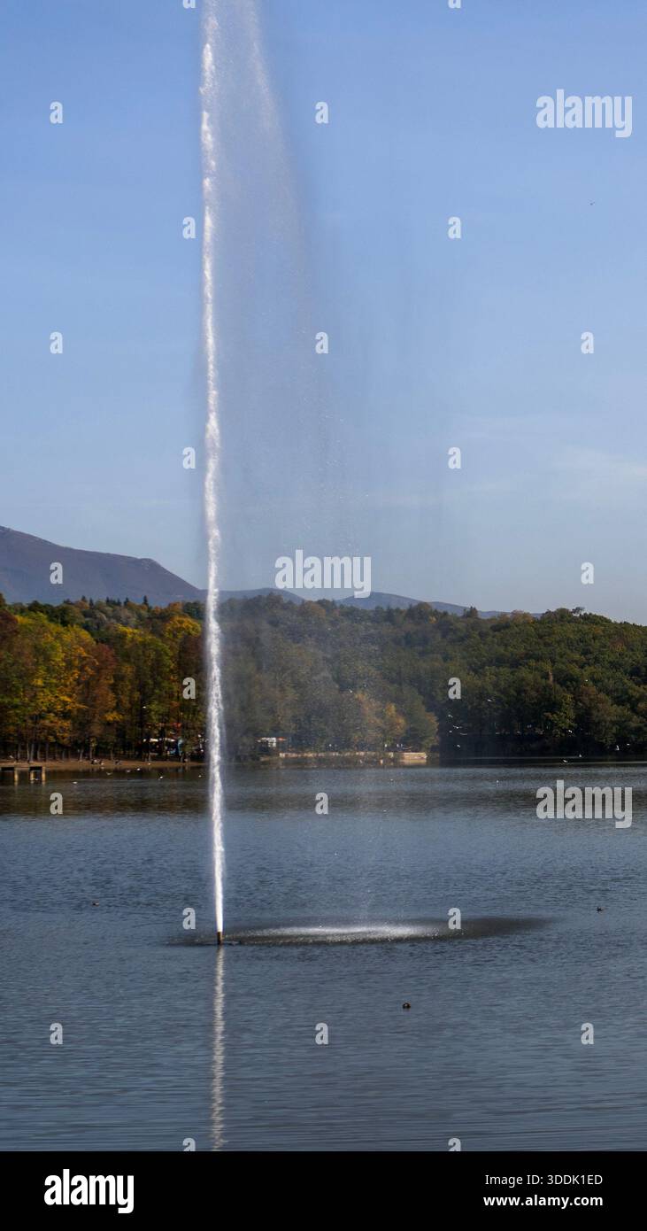 A 9:16 Portrait image of the Farka Lake, an artificial lake and municipal park in the southeast of Tirana, Albania - Stock Image