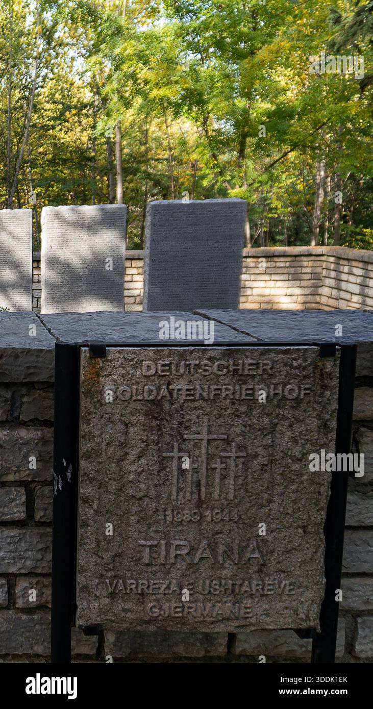 A 9:16 Portrait image of the German Military Cemetery in the Tirana Lake Park, Albania - Stock Image