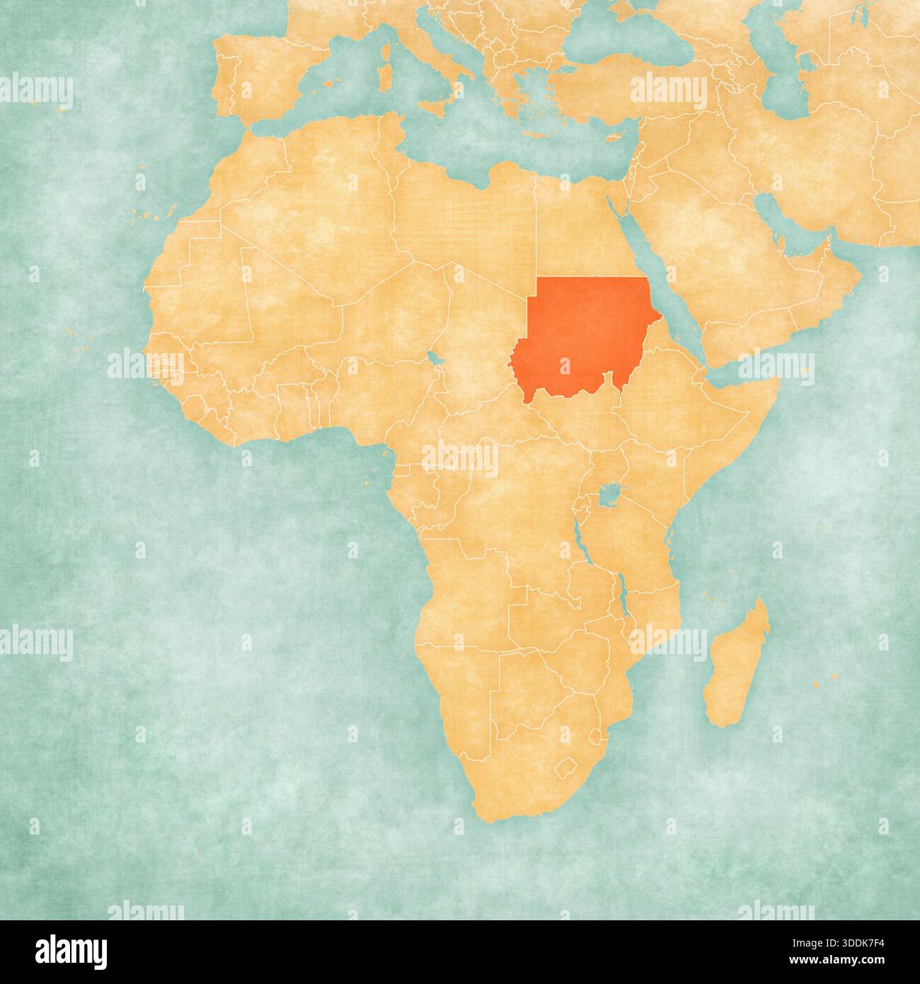 Sudan on the map of Africa in soft grunge and vintage style, like old ...