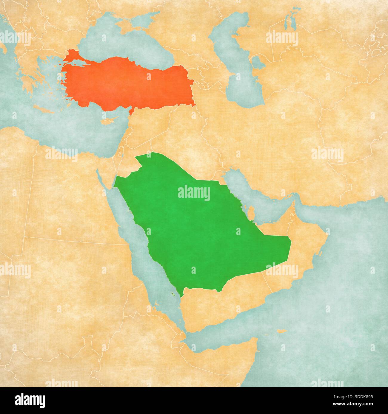 Saudi Arabia and Turkey on the map of Middle East (Western Asia