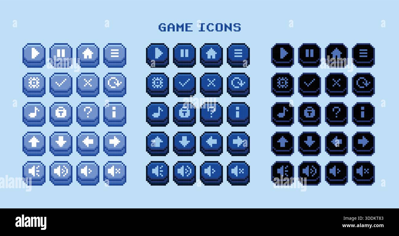 Set of pixel game buttons icons - Blue theme Stock Vector Image & Art ...