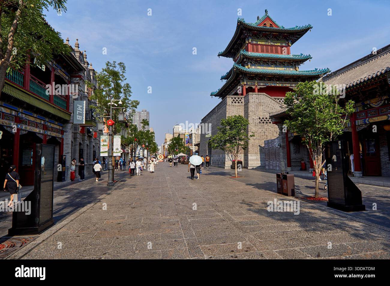 The restored pedestrian Zhonglou Street in central Taiyuan with its historic bell tower at center