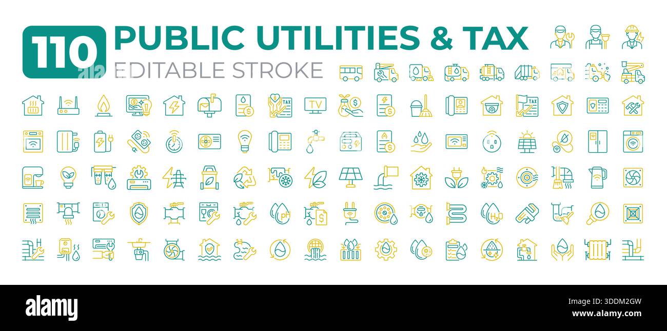 Public utilities and tax two color line icons set Stock Vector