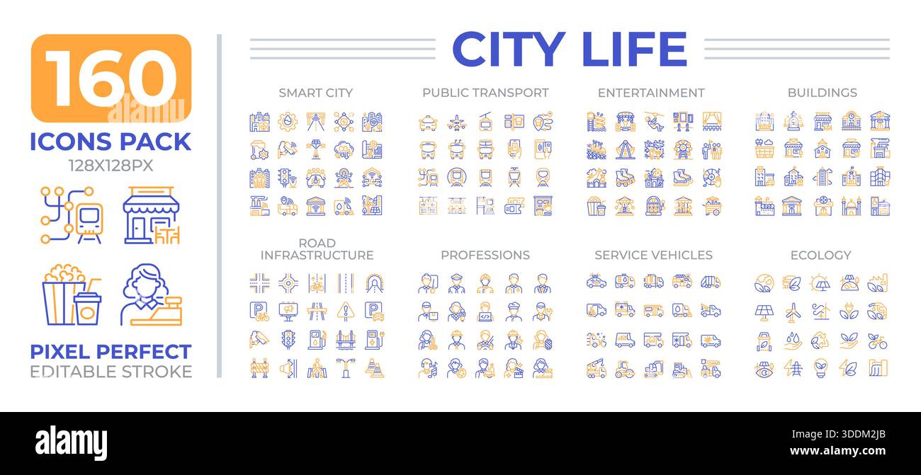 City life two color line icons set collection Stock Vector