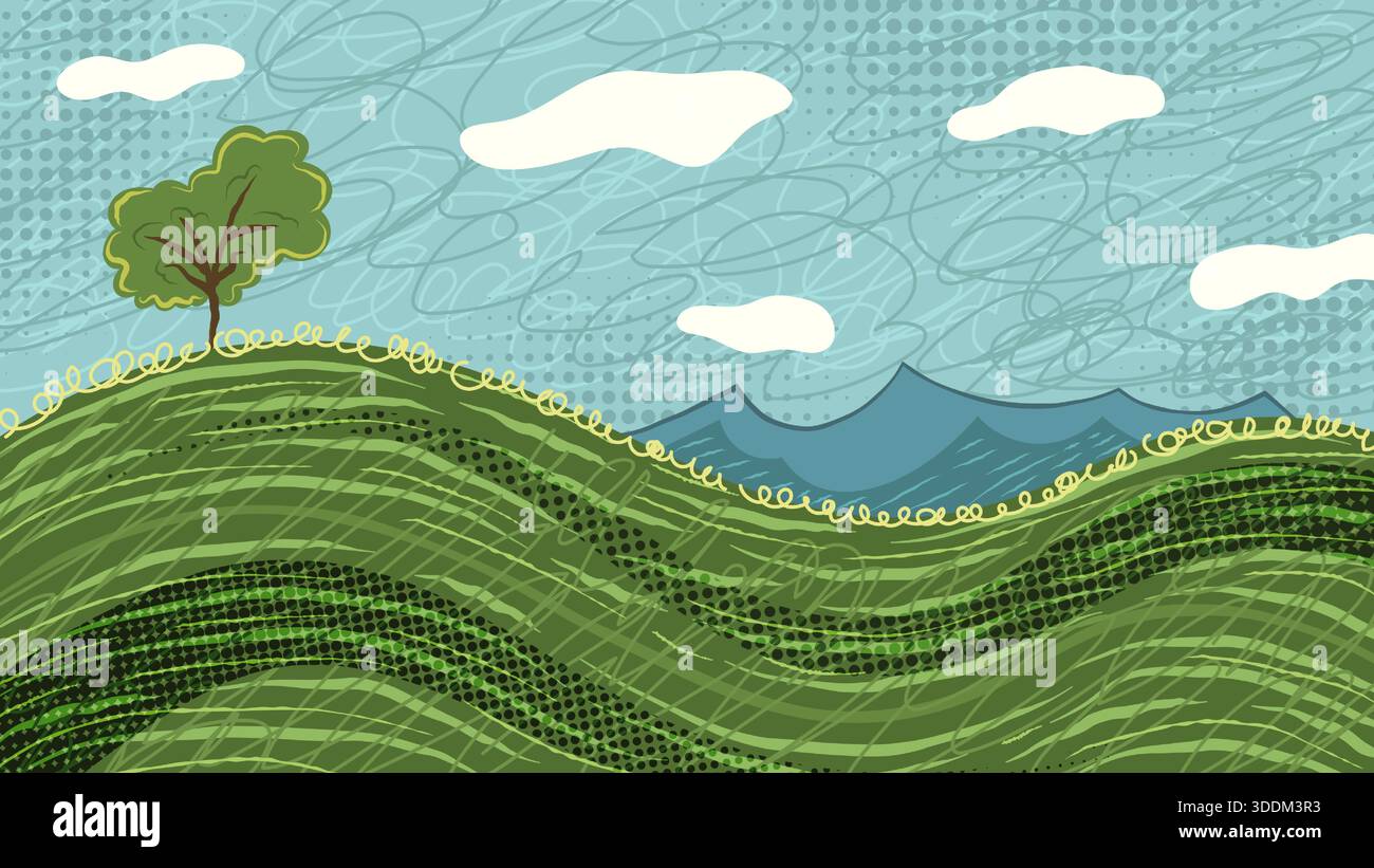 Hand Drawn Illustration of Green Hills in Scribble Style, with a Tree on the Peak, Cloudy Sky, and Blue Mountains in the Distance Stock Vector