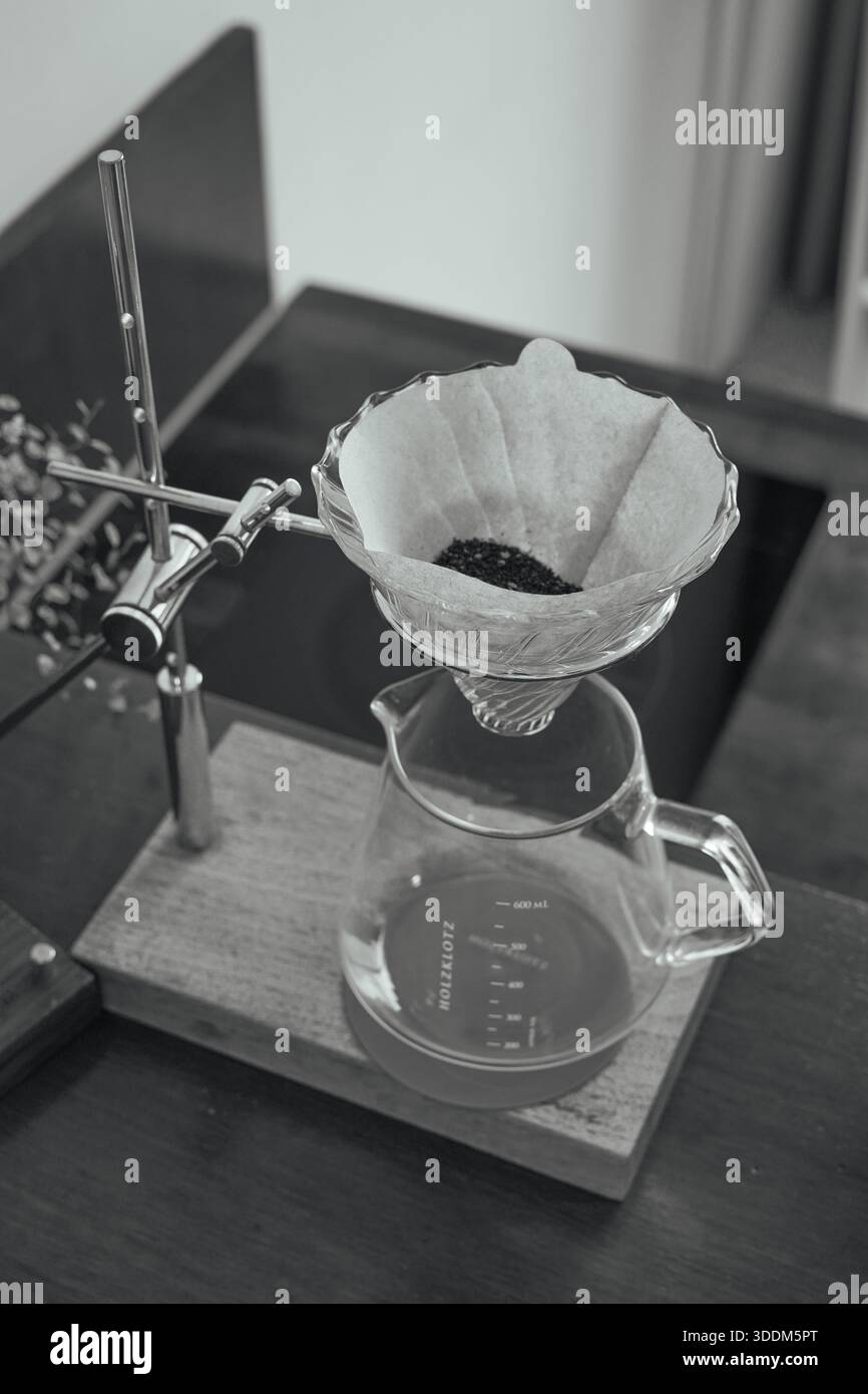 Coffee Grounds in Filter Ready for Brewing (B&W) Stock Photo