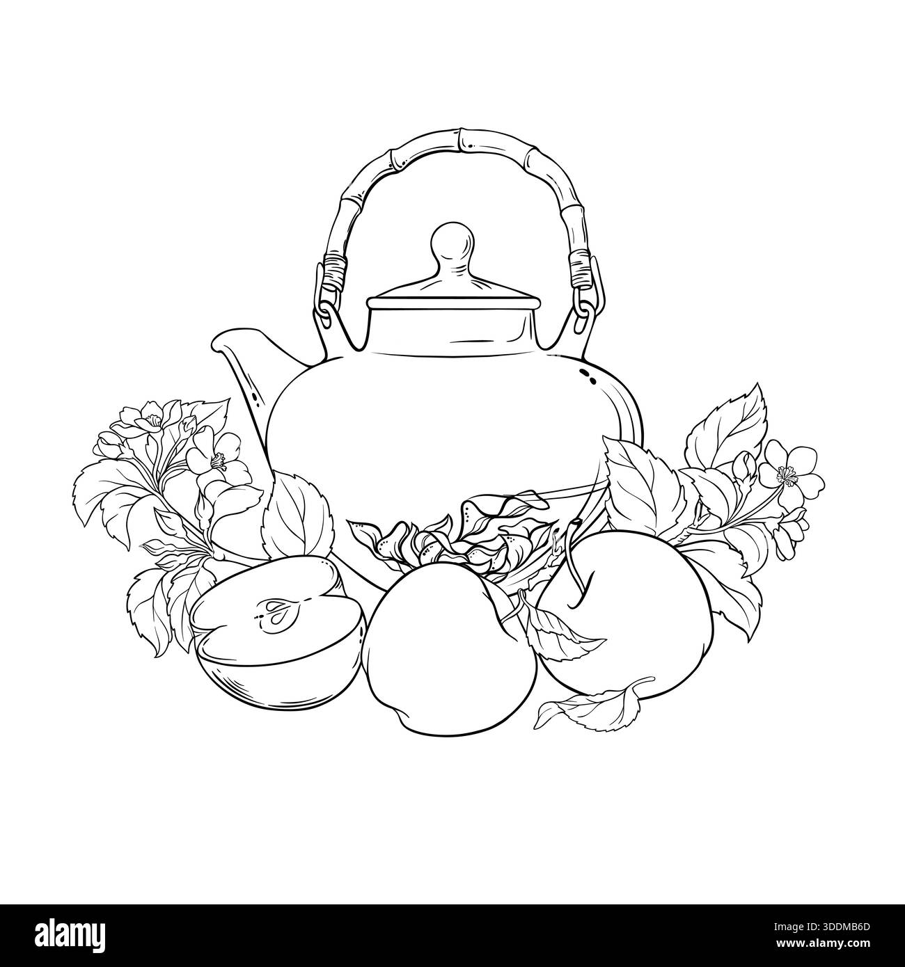 Apple Tea in Teapot Outline Illustration. Stock Vector