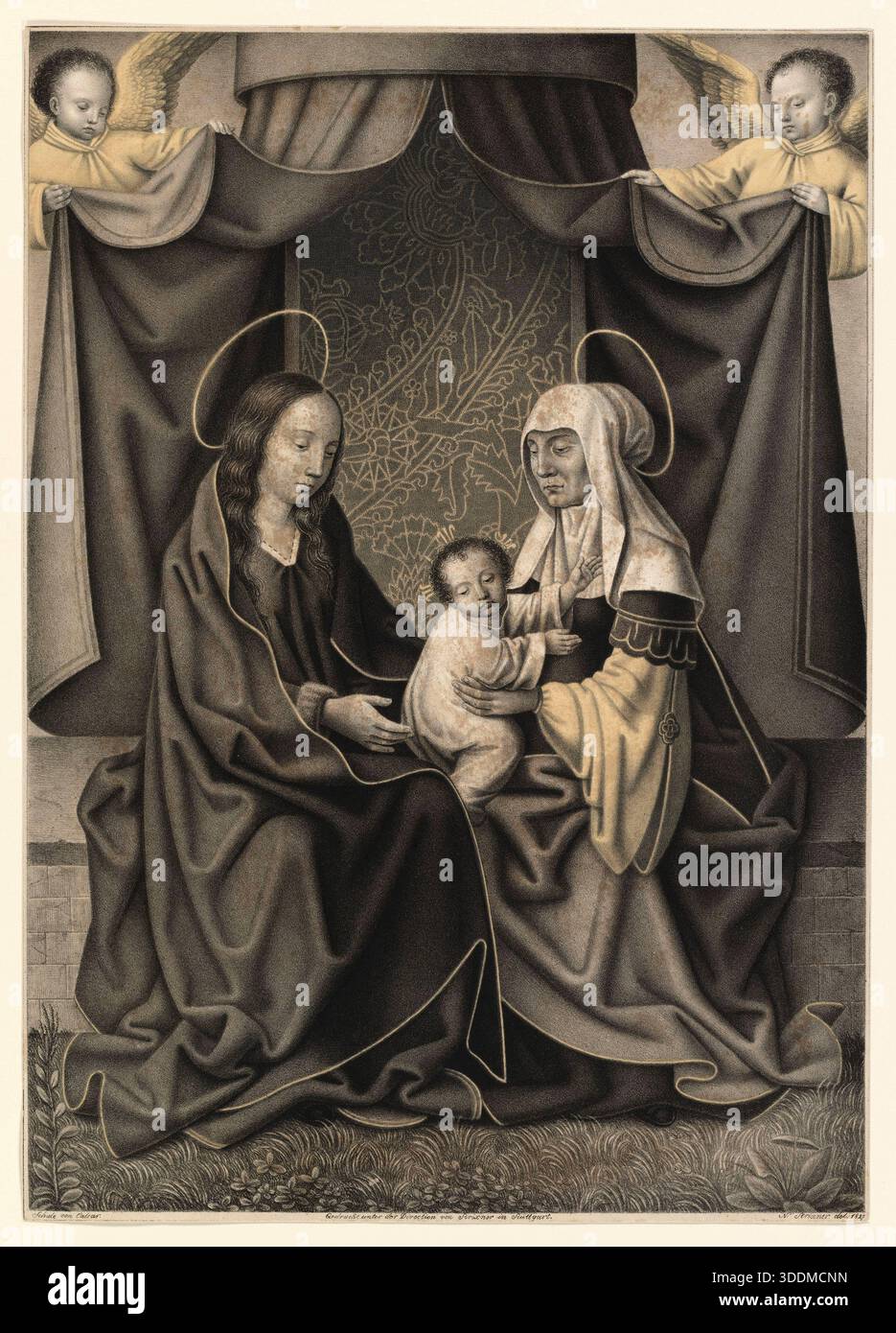 Dieses Motiv zeigt die heilige Anna, die Großmutter Jesus, ihre Tochter Maria und das Jesuskind gemeinsam in einer Gruppe, Personen der biblischen Ges Stock Photo