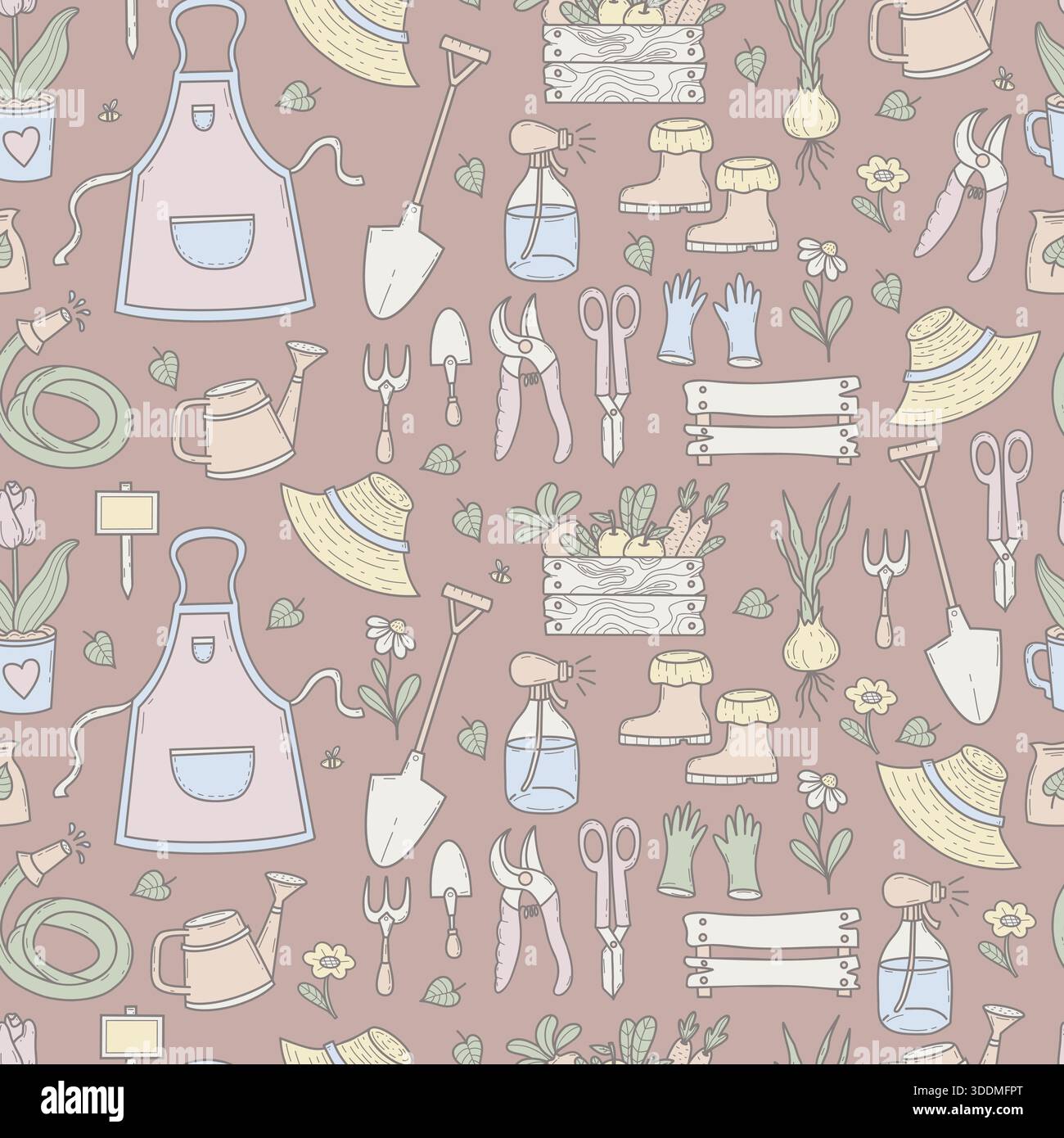 Seamless Gardening Pattern. Repeating Farmhouse Tools, Harvest in Wooden Box, Plants, Flowers, And Apron on Light Brown Background. Pastel Doodle. Vec Stock Vector