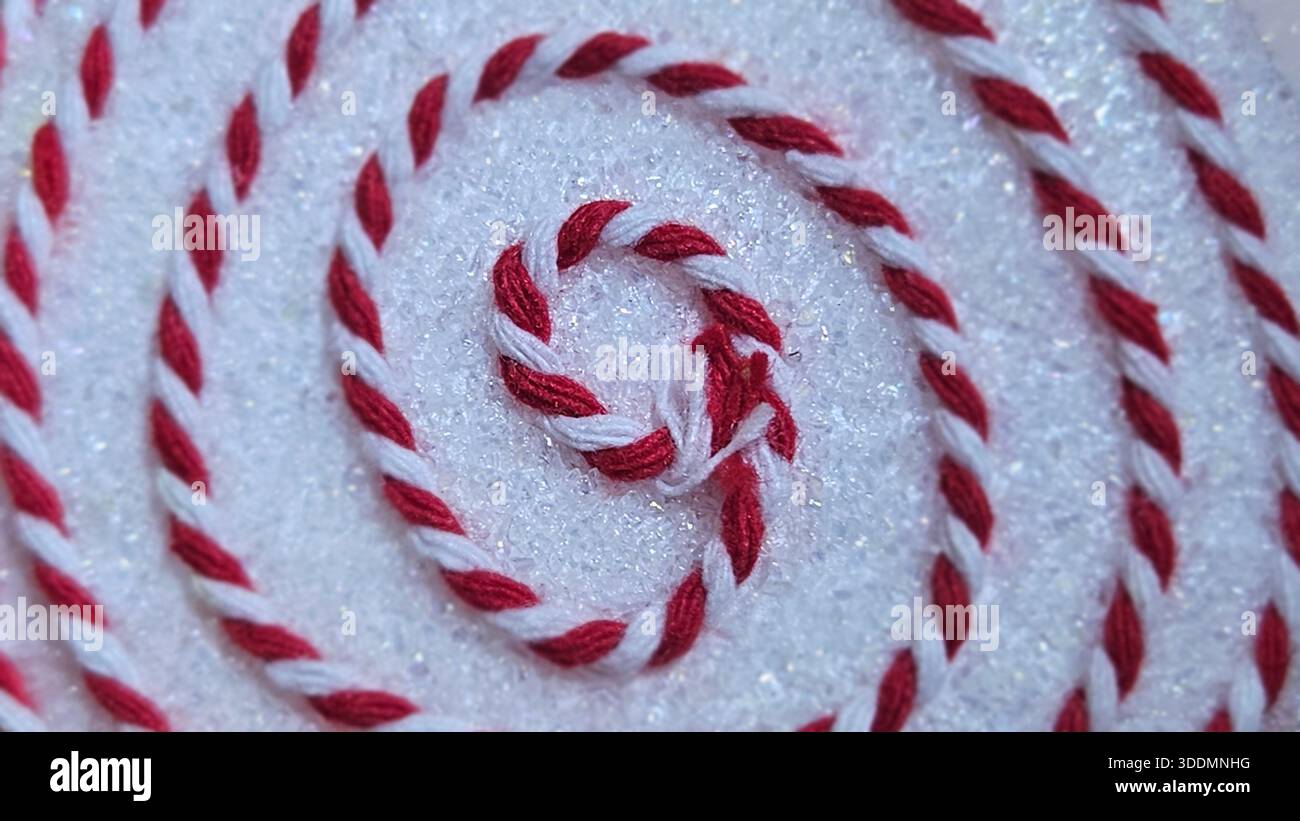 Red and White Twine on Snow Macro Winter Background - Smartphone Captured Stock Image