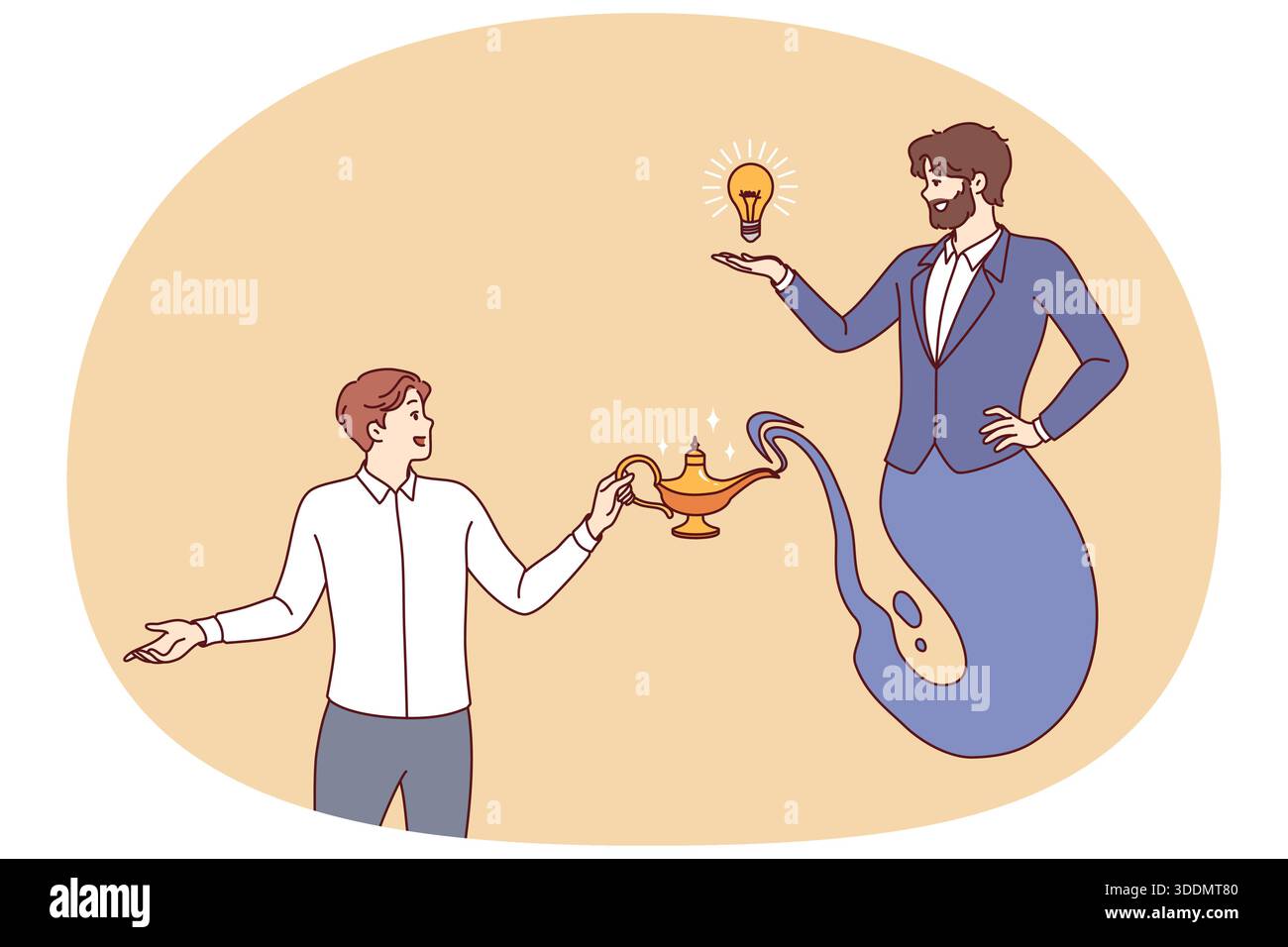 Business man releases genie from jug to get idea for developing company or attracting clients. Genie or aladin grants wish of office employee looking for ways to grow and prosper in career Stock Vector
