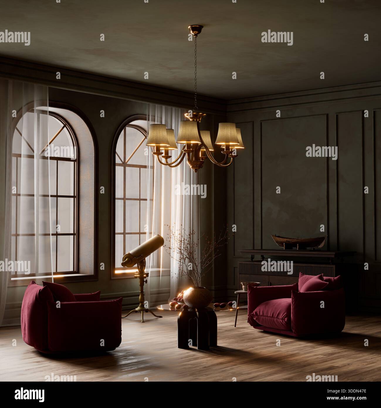 Elegant dark moody living room interior with warm chandelier lighting ...