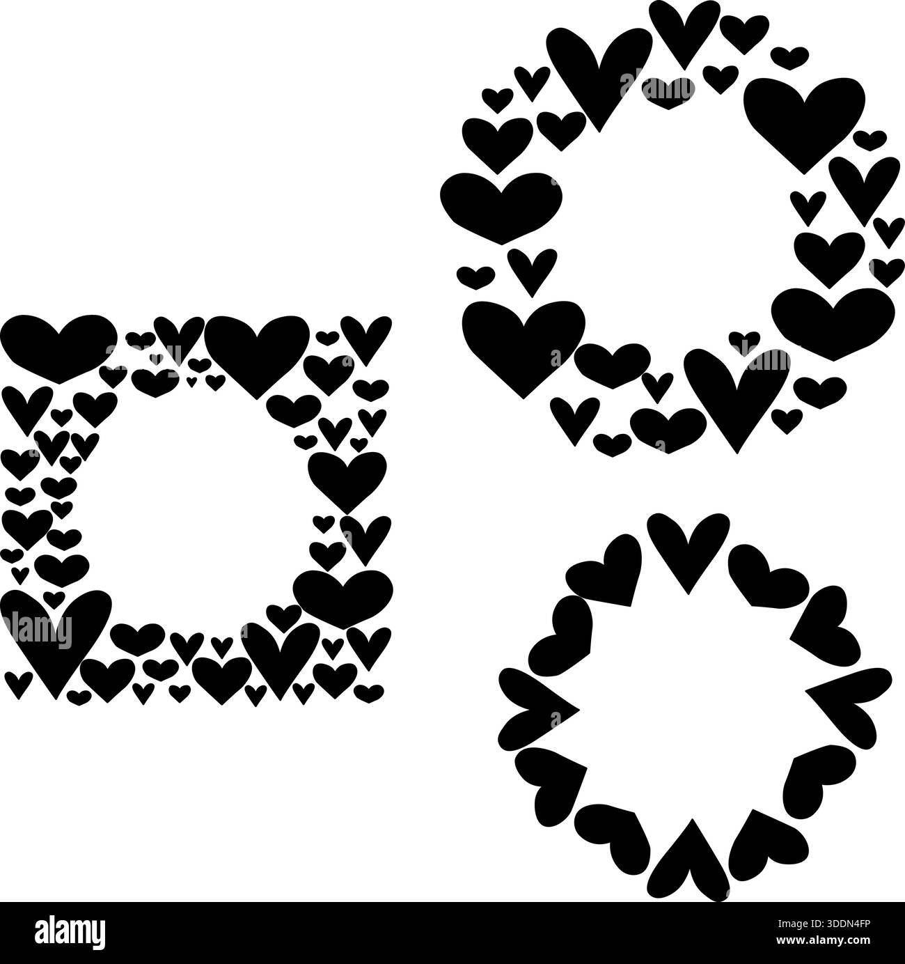 Hearts Valentine's Day round square frame template set. Vector graphic line black and white illustration. For logo, web, package, sticker. Stock Vector