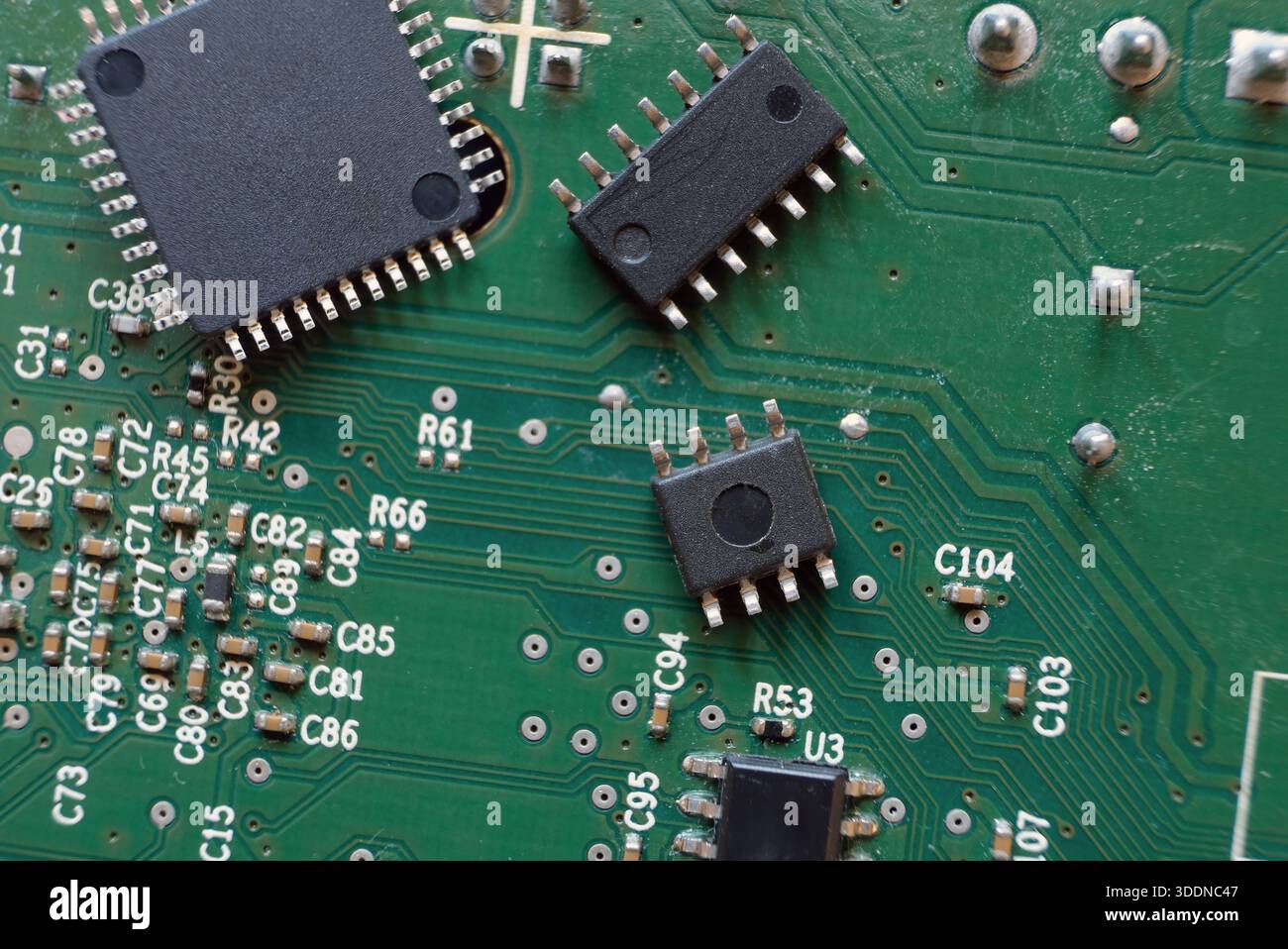 Semiconductor components. Integrated circuits, microchips on the high technology pattern. Stock Photo